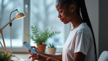 Remote worker focusing at her desk in a cozy home office.
