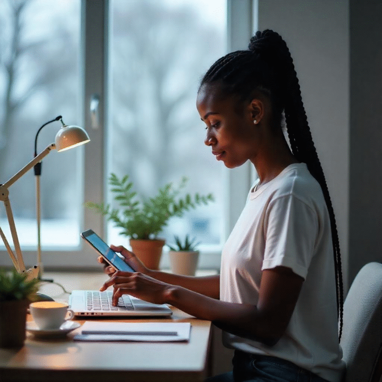 Remote worker focusing at her desk in a cozy home office.