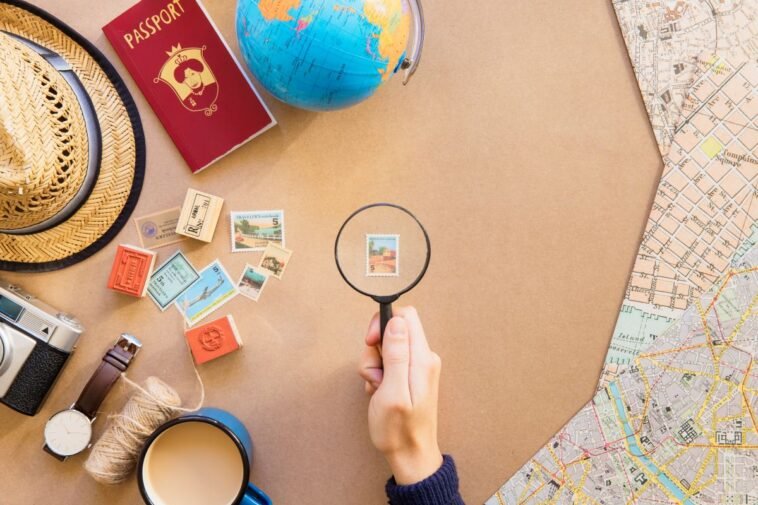 Illustration of a traveler holding passport and suitcase, symbolizing moving abroad for easy permanent residency.