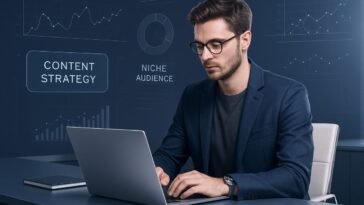 Illustration of a digital marketer targeting a niche audience with content strategy in 2025