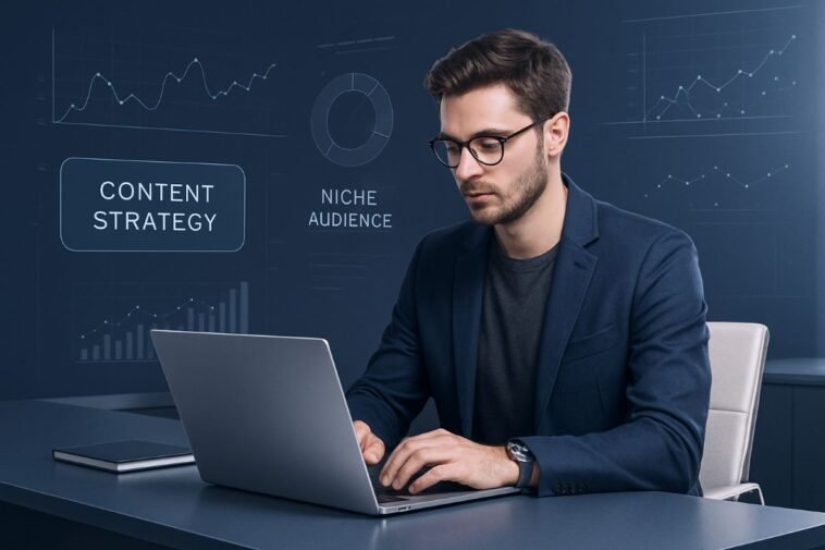 Illustration of a digital marketer targeting a niche audience with content strategy in 2025